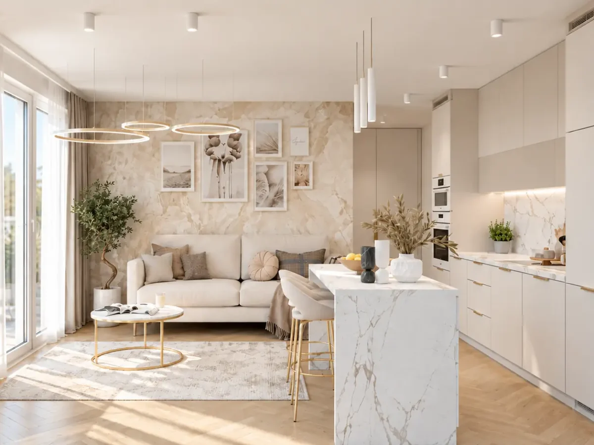 Projekt Kaszmir: salon z jadalnią (wizualizacja)