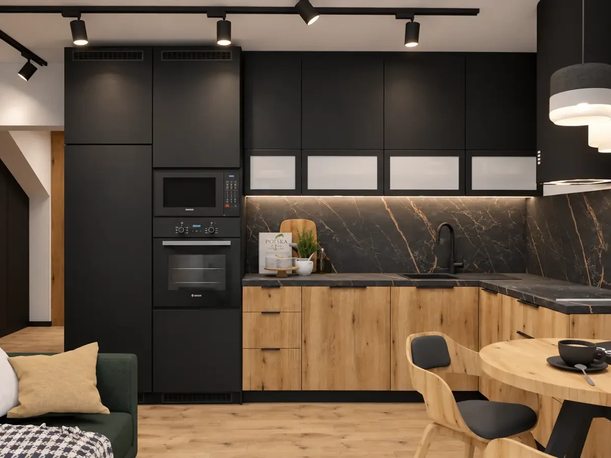 Projekt Loft: kuchnia z czarnymi frontami (wizualizacja)