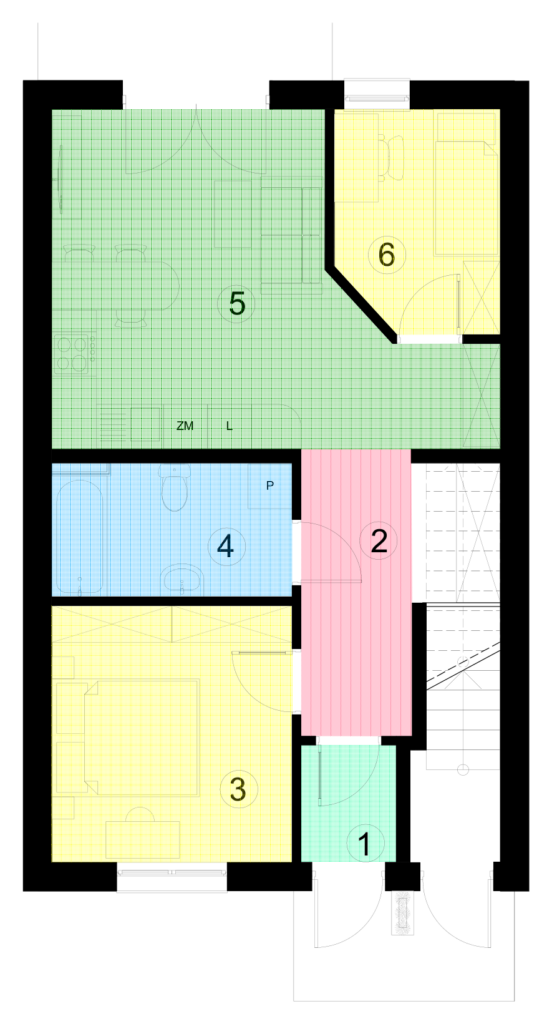 Rzut mieszkania 26A, parter, numery pomieszczeń 1-6