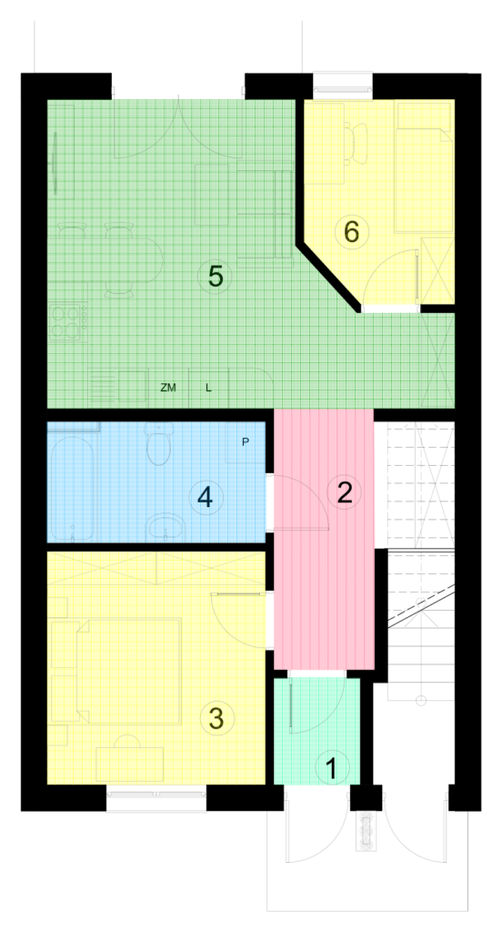 Rzut mieszkania 27A, parter, numery pomieszczeń 1-6